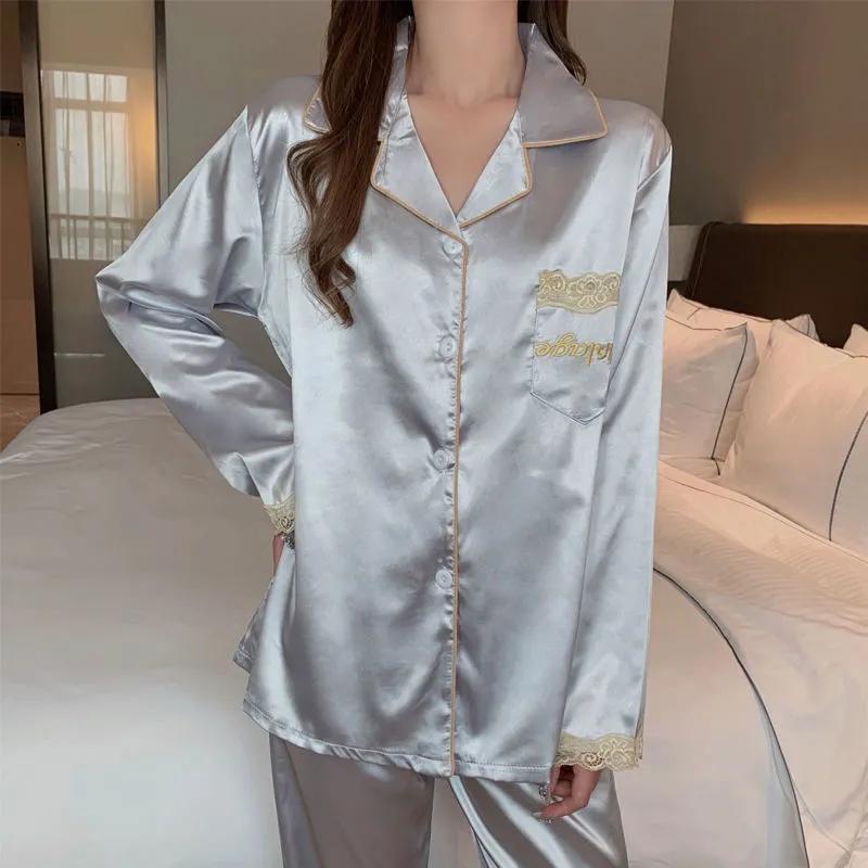 Women's Spring Autumn Long-sleeved Pajamas Set Thin Ice Silk Embroidered Homewear Sexy Simulation Silk Casual Suit Outer Wear Pyjamas Sleeping Suit