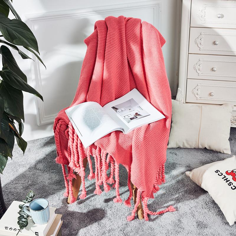 Nordic Plain Knitted Blanket Fringed Sofa Blanket Coarse Thread Nap Blanket