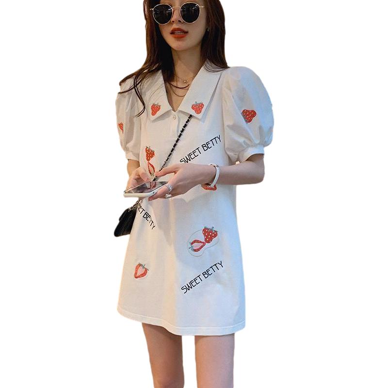 White Medium Length T-shirt Dress Slim Summer Embroidery Square Neck Bubble Short Sleeve Dress