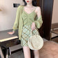 Small Fresh Women's Suit Skirt Summer Fashion New Avocado Green Cardigan Drawstring Suspender Vest Lattice Skirt