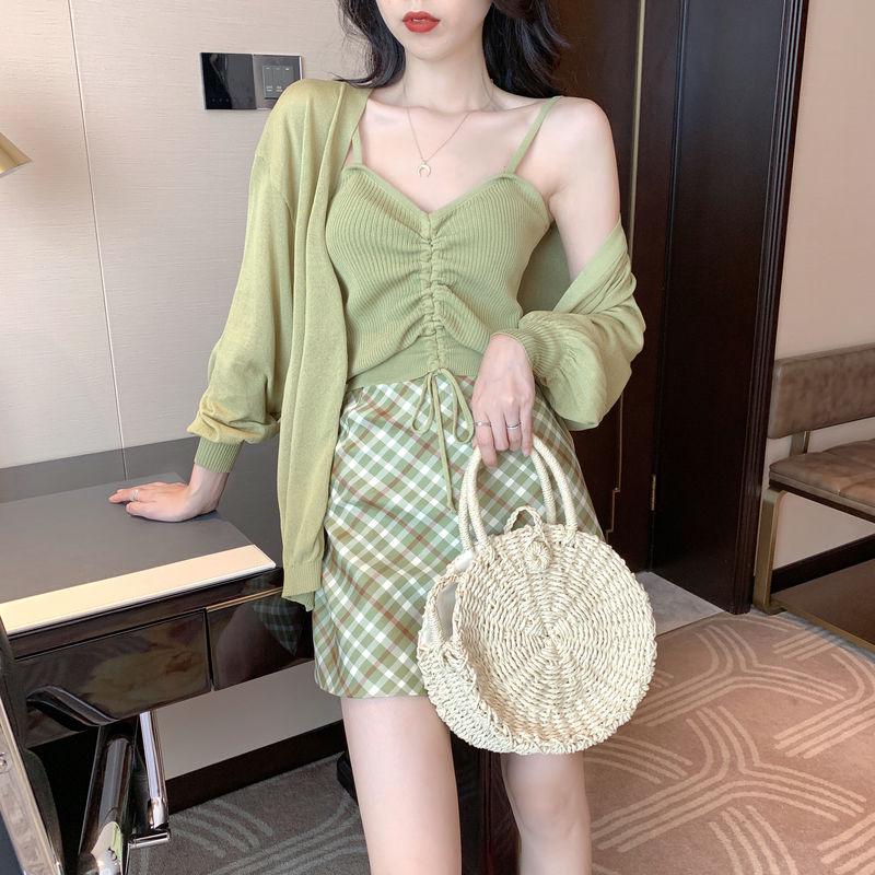 Small Fresh Women's Suit Skirt Summer Fashion New Avocado Green Cardigan Drawstring Suspender Vest Lattice Skirt