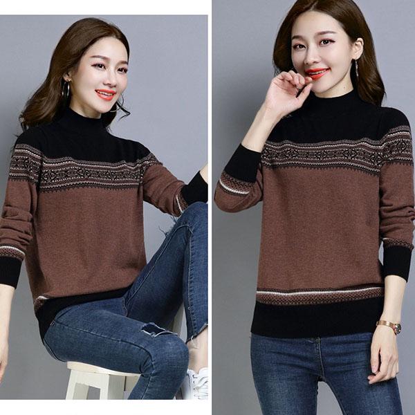 Vintage Printed Sweater Women High Neck Sweater National Style Clothes Knitted Bottoming Shirt Loose Short Sweater Top