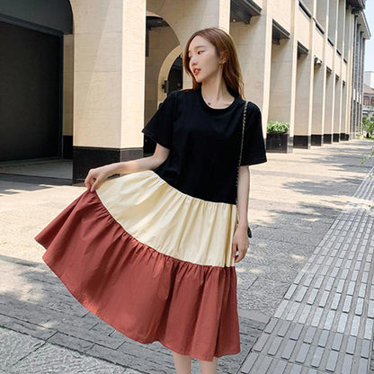 Dress Stitching Contrast Color Skirt Women's Loose Dress Round Neck Short-sleeved Large Skirt Casual Dress Fabric Light and Breathable Sweat-absorbent