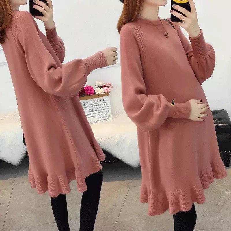 Spring and Autumn Maternity Clothes Long Sleeve Dress Mid-length  Loose Plus Size Round Neck Knitted Skirt