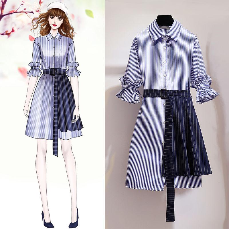 Women's Summer Dress Irregular Long-sleeved Shirt Dress Striped Shirt Dress for Work