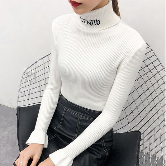 Turtleneck Women's Sweater Fashion Korean Loose Pullover Knit Bottoming Shirt Plus Velvet Pullover Beige Sweater Tops