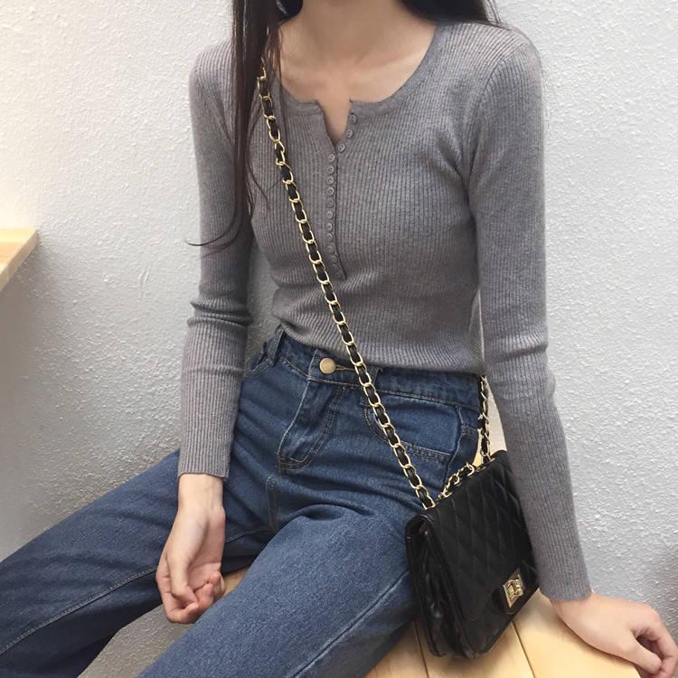 Pofulove Long Sleeve V-neck Pullover Short Button Sweater Women Open Navel Sexy Slim Waist Knitwear