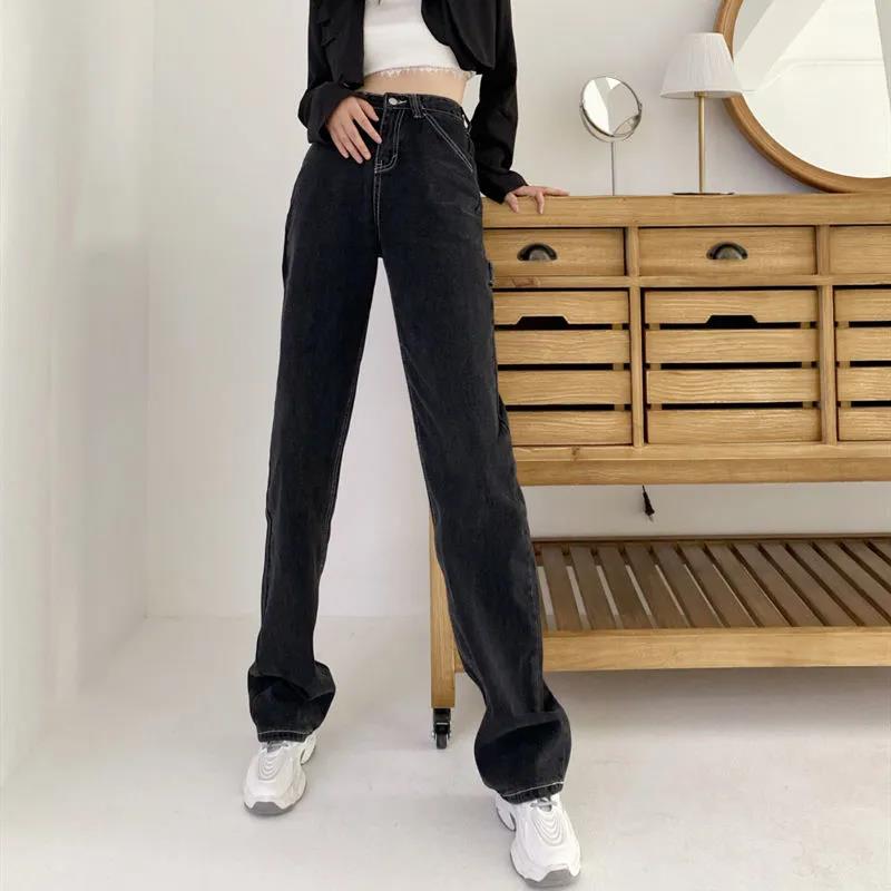 Black Straight-leg Tooling Jeans Women's Spring Design High Waist and Thin Loose Wide-leg Mopping Trousers Ins Tide