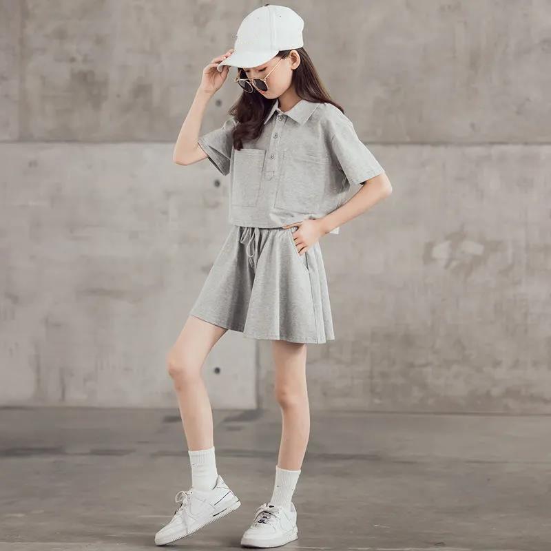 Girls' Sports Suit Summer Net Celebrity Foreign Atmosphere Big Boy Short-sleeved T-shirt Casual Shorts Two-piece Suit