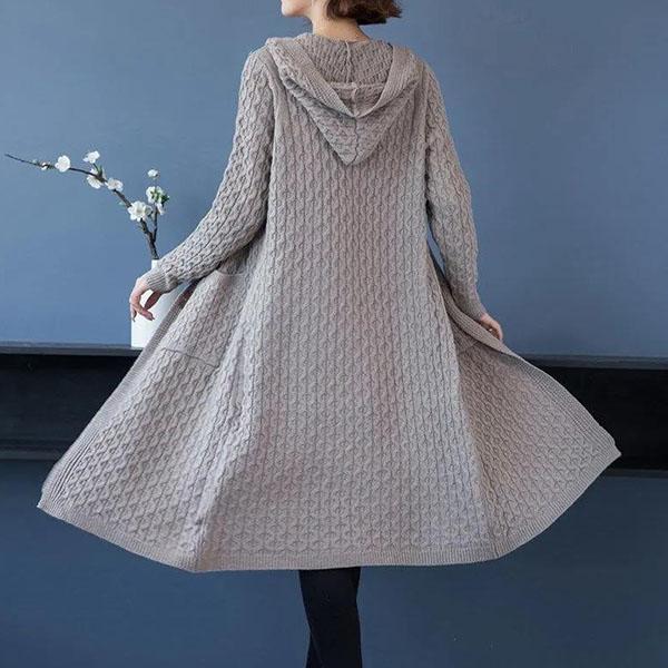 Women's Long Casual Knitted Cardigan Coats Spring and Autumn Large Size Solid Color Loose Hooded Knitted Coats
