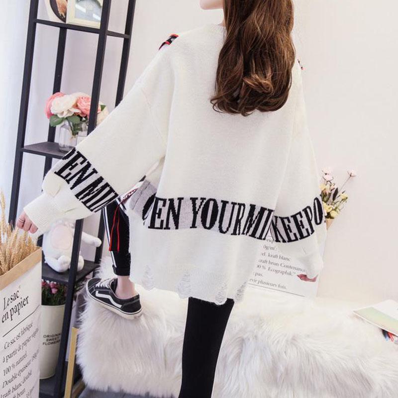 Personalized Round Neck Sweater Women Loose Letter Printing Irregular Split Hem Pullover Sweater Outer Wear