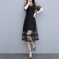 Large Size M-XXXXXL Summer Black Chiffon Stitching Laced Neckline Round Yarn Flower A-line Dress