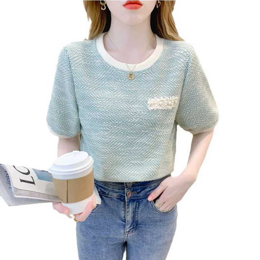 Summer Ice Silk Knitted Short-sleeved T-shirt Women's Summer Dress Small Fragrance Front Shoulder Top Design Trendy
