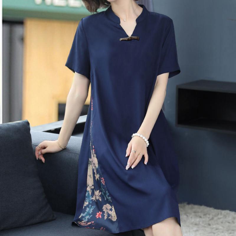 Summer Women's Dress Loose Large Size Retro Printed Skirt Simple Thin Short-sleeved V-neck Over-the-knee Skirt
