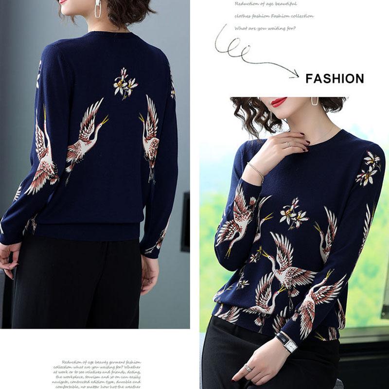 Autumn and Winter Plus Size Retro Printed Cardigan Women Middle-aged Cashmere Knitted bottoming Sweater