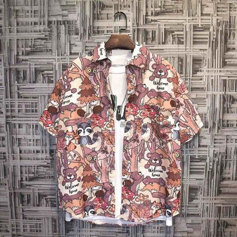 Summer Simple Semi-short-sleeved Floral Shirt Men's Beach Loose Plus Size Blouse