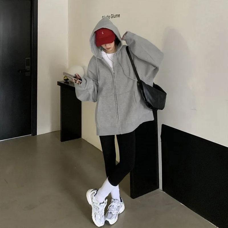 Spring and Autumn Loose Streetwear Hip Hop Oversize Style Thin Coat Female Ins Top Student Long Sleeve Zipper Hooded Sweater