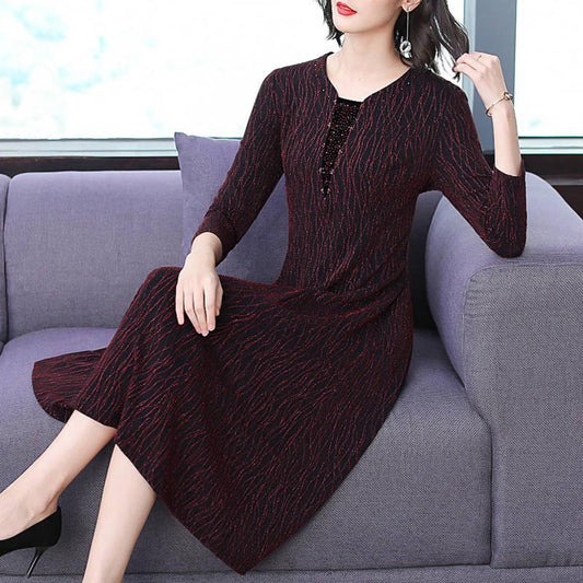 Fashion Diamond Bright Silk Dress Long Sleeve Round Neck Slim Plus Size Dresses For Women
