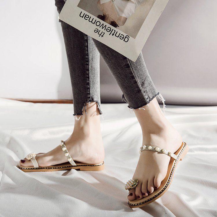 Women Flats Slippers Summer Casual Flip Flops Flowers Pearl Woman Flat Shoes 35-39 Size Comfortable Female Beach Sandals