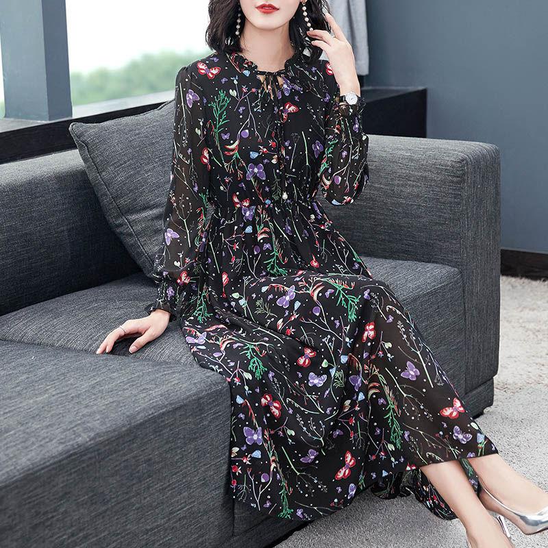Spring Chiffon Floral Skirt Dress Women's Long-sleeved Large Size Long Slim Fit Bottoming Skirt Fabric Light and Breathable