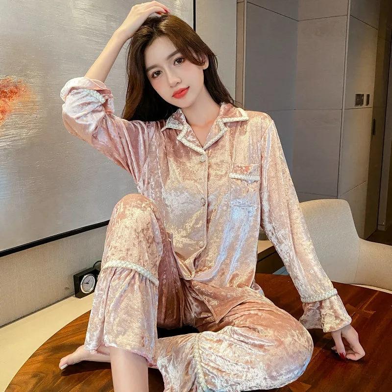 Women's Gold Velvet Pajamas Set Comfortable Gold Edge Tie Dye Long Sleeve Sleeping Suit Spring Autumn Lapel Cardigan Casual Out Wear Pyjama Set
