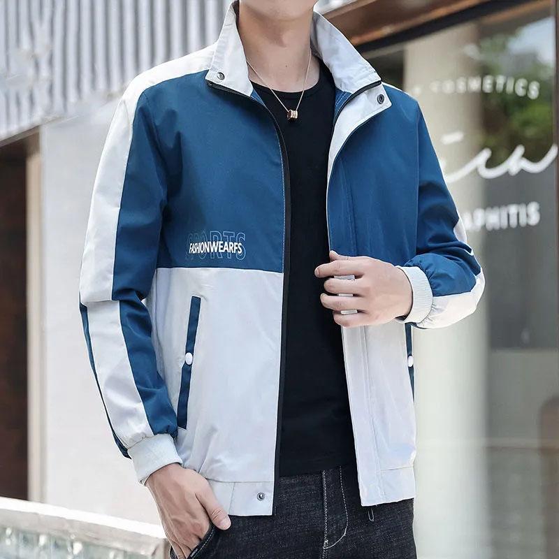 Spring and Autumn Men's Jacket Stand Collar Coat Colorblock Printing Top Trend Simple Bomber Jacket Zipper Sportwear