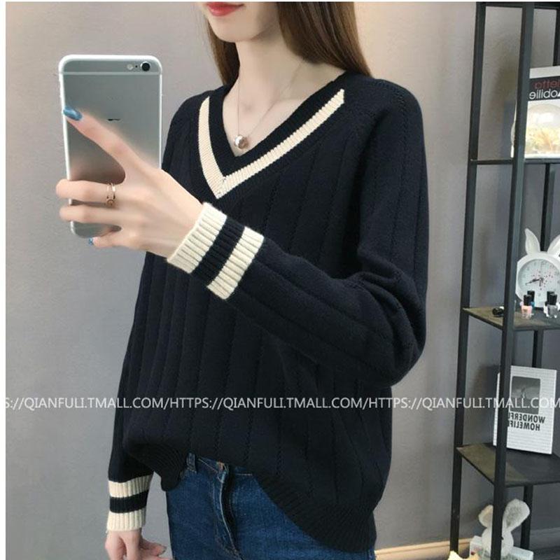 Autumn and Winter V-neck Sweater Fashion Loose Knit Bottoming Shirt Color Matching Female Top