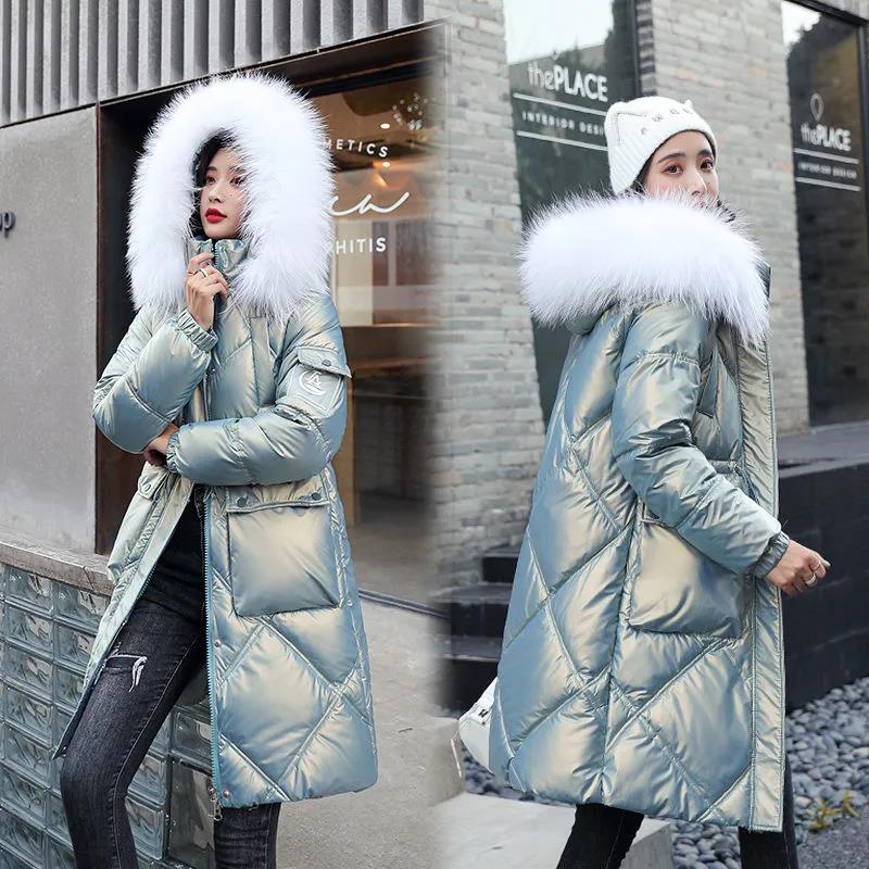 Glossy Disposable Down Padded Jacket Women's Mid-length Korean Style Winter Loose White Large Fur Collar Fashion Padded Jacket