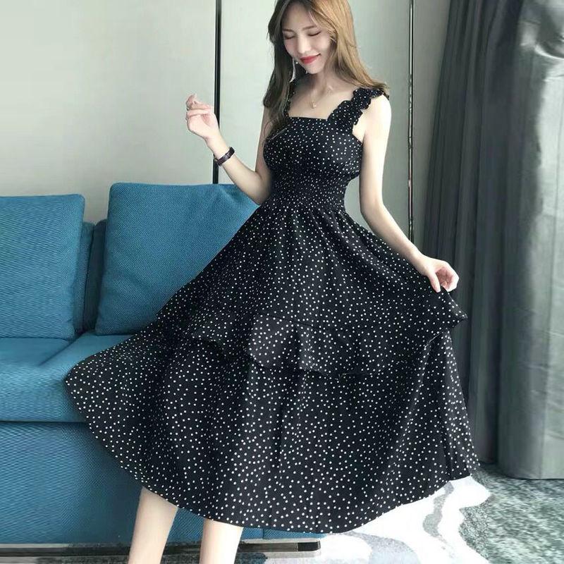 Mid-length Sling Chiffon Polka Dot Floral Dress Female Slimming Fairy Long Skirt Sling Polka Dot Dress Large Skirt A-line Version