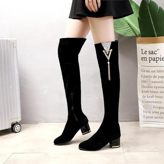Women's Boots Over The Knee with Thin Legs and Cashmere Side Zipper Suede Thick Heel 6cm High Heel High Boots Women