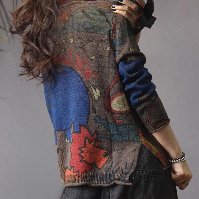 Vintage Ethnic Printed Knitted Cardigan Women Loose Large Size Wild Knitted Sweater Coat Jacket