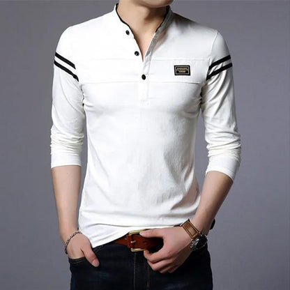 Men's Long-sleeved Polo Shirt Stand Collar Lapel Stripes Sweatshirt Bottoming Shirt Loose Casual Solid Color Shirt