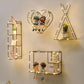 Double Layer Shape Storage Shelf Solid Wood Metal Display Stand Hole-free Storage Rack with Light Strip