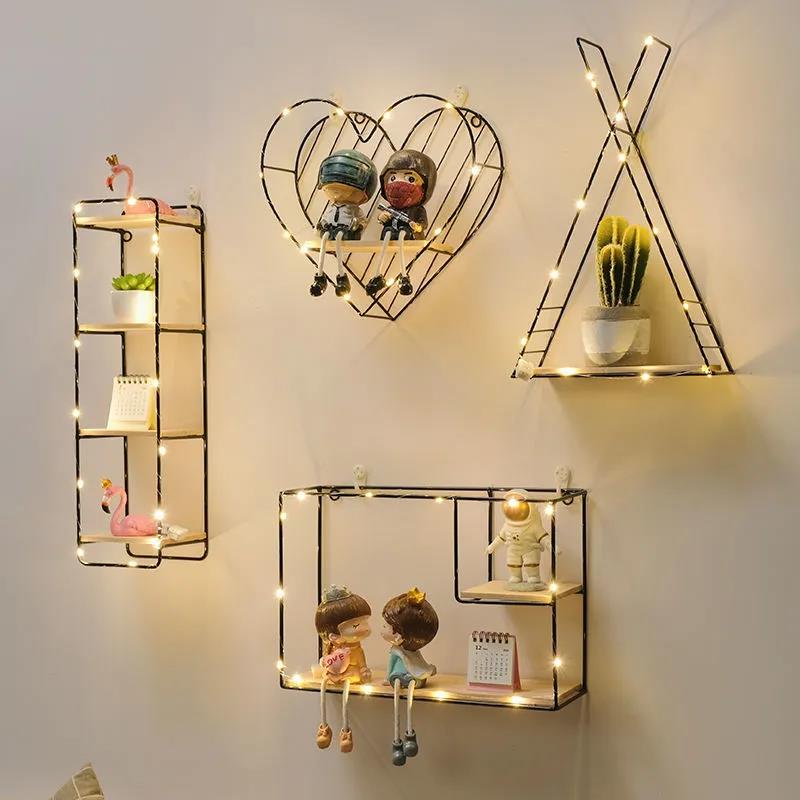 Double Layer Shape Storage Shelf Solid Wood Metal Display Stand Hole-free Storage Rack with Light Strip