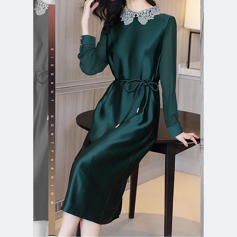 Plus Size M-XXXXL Summer Silky Satin Ladies Dress Over-the-knee Stand-collar Dress Free Belts of The Same Color