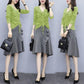 Large Size Women's Skirt Set V-neck Pleated Long-sleeved Top Irregular Ruffled Fishtail Skirt Two-piece Set Spring and Summer Casual Suit