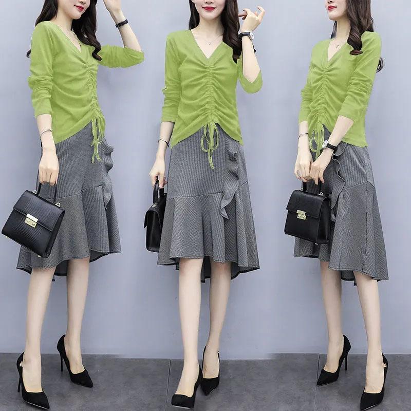 Large Size Women's Skirt Set V-neck Pleated Long-sleeved Top Irregular Ruffled Fishtail Skirt Two-piece Set Spring and Summer Casual Suit