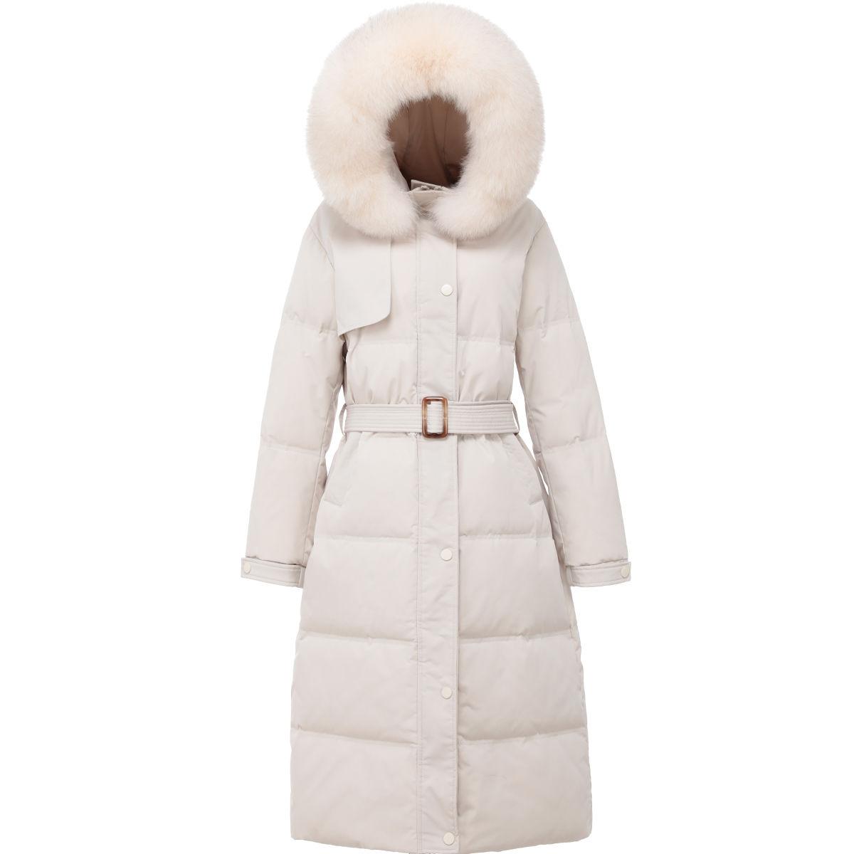 Fashion Trend Long Hooded Simulation Fur Collar Women's Down Jacket Autumn and Winter Plus Velvet Thickening Warm White Duck Down Jacket