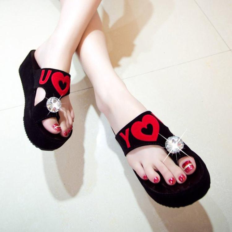 Love Sandals and Slippers Women's Rhinestone Sponge Cake Thick-soled High-heeled Flip-flops Casual Beach Sandals Cute Sexy Sandals