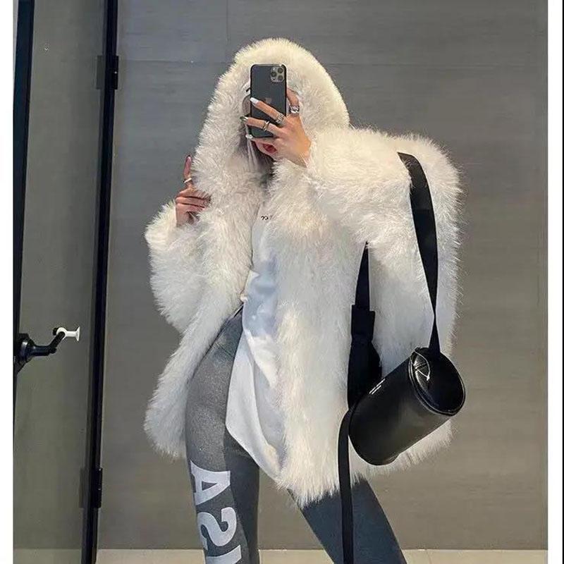 Winter Women's Fox Fur Mid-length Fur Collar Jacket Thick Faux Fur Hooded Jacket Korean Mid-length Mink Fur Plush Jacket