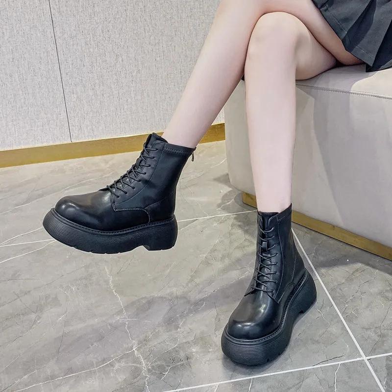 Autumn and Winter Leather Sponge Cake Thick-soled Martin Boots Thin Single Boots Heightening Short Boots All-match