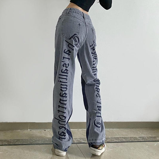 Letter Embroidery Straight-leg Jeans Women's High-waisted Thin Loose Wide-leg Jeans Mopping Trousers