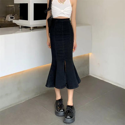 Fishtail Jeans Skirt Women's Summer Niche Slit A-line Skirt Ruffled Denim Midi Skirt High Waist Sexy Tight Denim Jeans Skirt