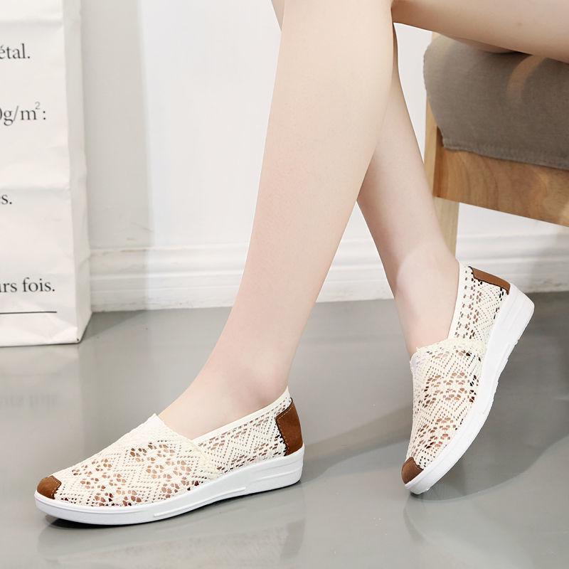 Summer Casual Flats Shoes Woman Hollow Outs Breathable White Lace Work Shoes Flat Bottom Cloth Shoe Loafers