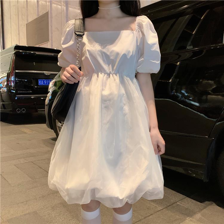 Woman Square Collar Puff Short Sleeves Black and White Fairy Skirt Lace Yarn Tutu Skirt Dress Wedding Bra