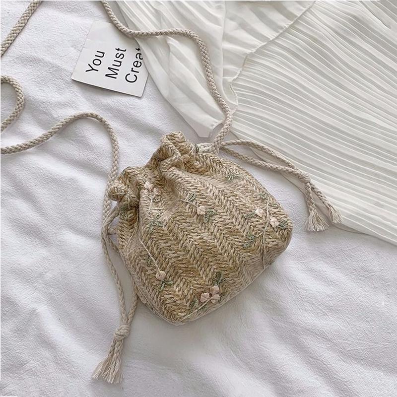 Lace Women's Straw Woven Bucket Bag Cute Summer Student Travel Vacation Beach Bag Shoulder Messenger Bag