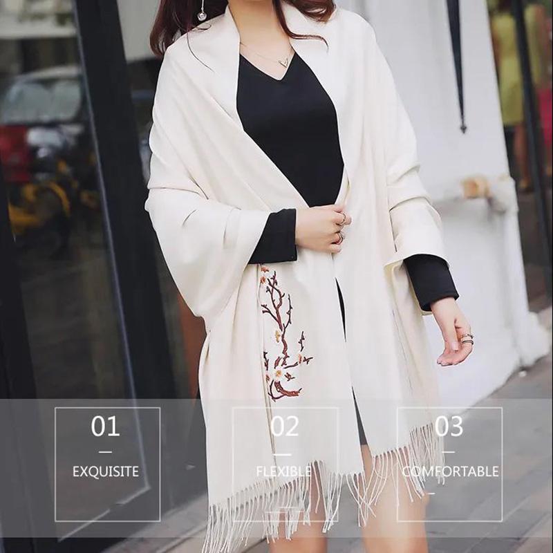 Pure Color Imitation Cashmere Embroidered Scarf Mid-length Ladies Ethnic Style Tassel Shawl Warm Scarf Soft Fabric Women's Shawl