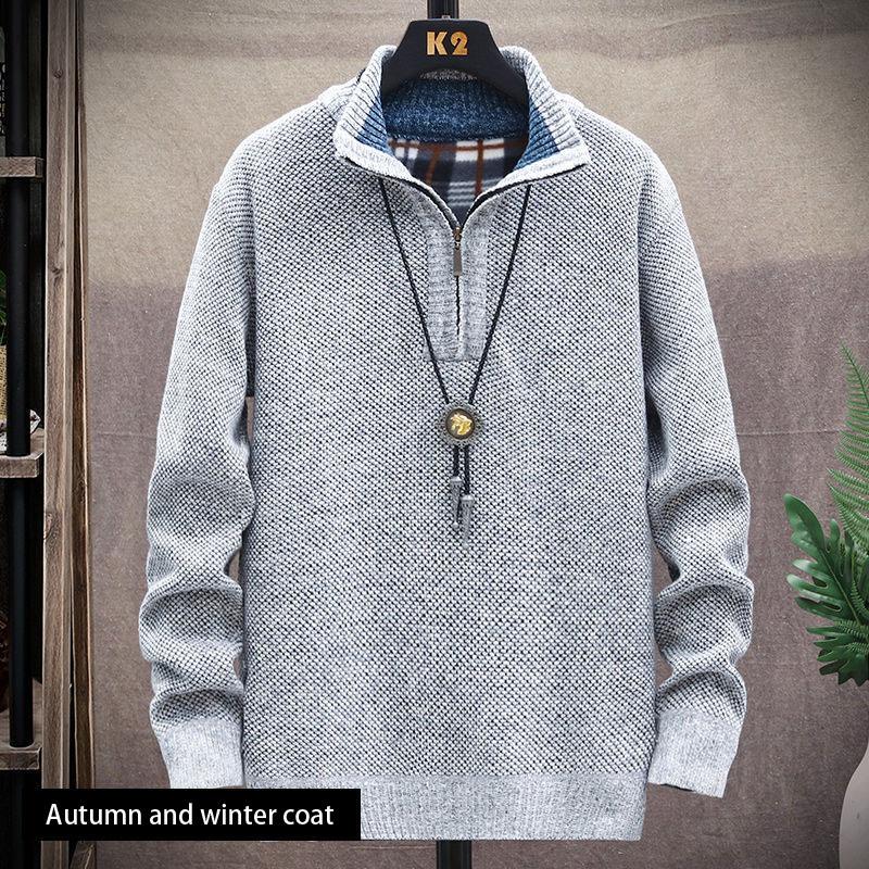 Men's Knitted Sweater Cardigan Trend Autumn and Winter Jacket Plus Velvet Padded Jacket Top