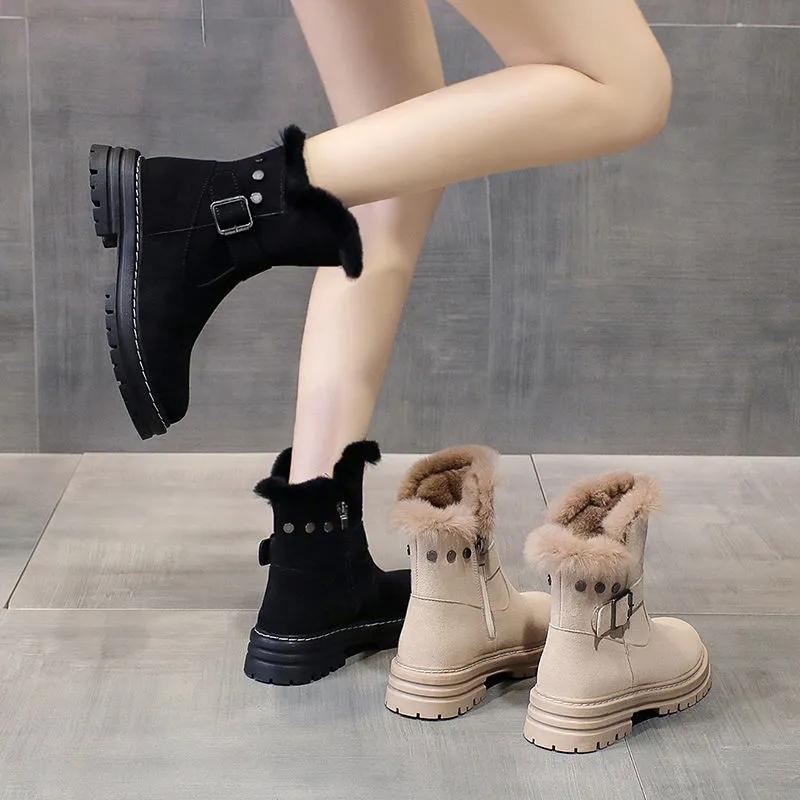 Winter Tube Snow Boots Woman Fur Plus Velvet Thick Bottom Anti-slip Wool Warm Cotton Shoes Winter Boots