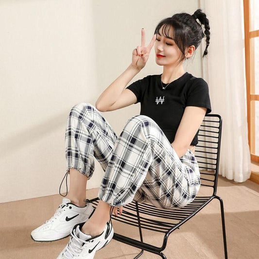 Black and White Plaid Loose Plus Size Pants Female Small Student Summer Thin All-match Casual Sports Pants